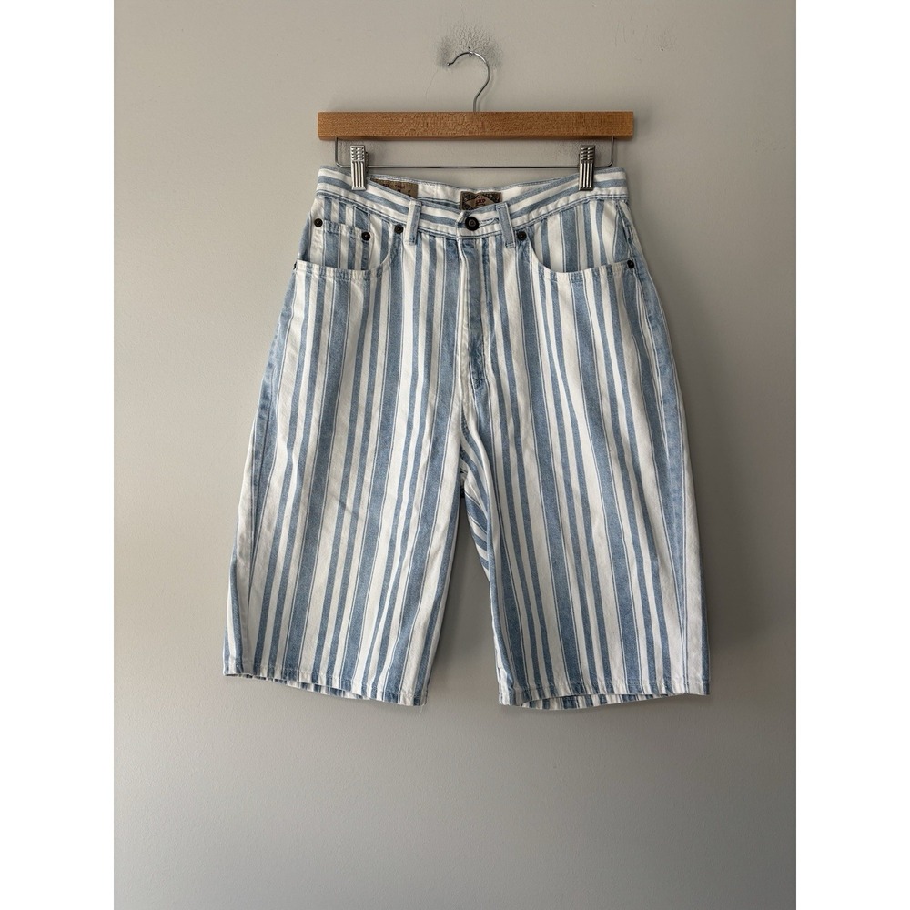 Vintage 90s Express High Rise Mom Blue Striped Denim Bermuda Shorts Size 11/12